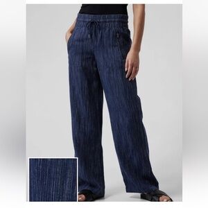 Athleta Cabo Linen Wide Leg Pants navy blue textured linen size 6 pull on